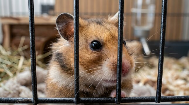 Cute brown and white hamster peeking through cage bars. Great for pet store ads, animal care blogs, small pet product packaging.