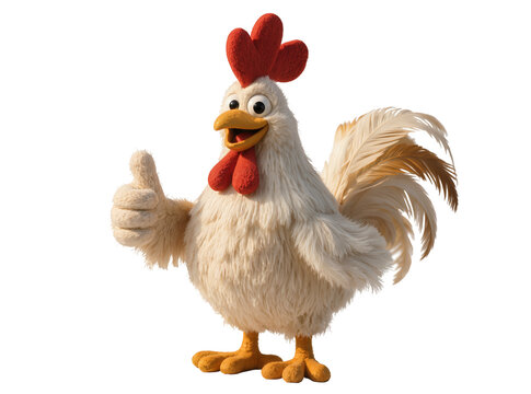 Isolated cheerful cartoon rooster giving a thumbs up, happy and friendly chicken character