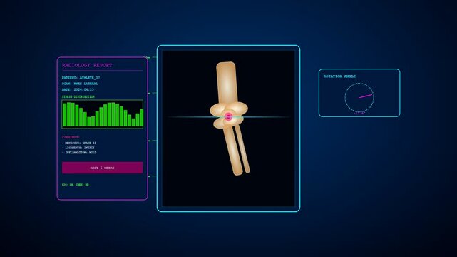 Advanced holographic displays during a Sports Medical Consultation reveal a rotating three dimensional knee joint alongside complex radiology reports and biometric stress distribution data charts