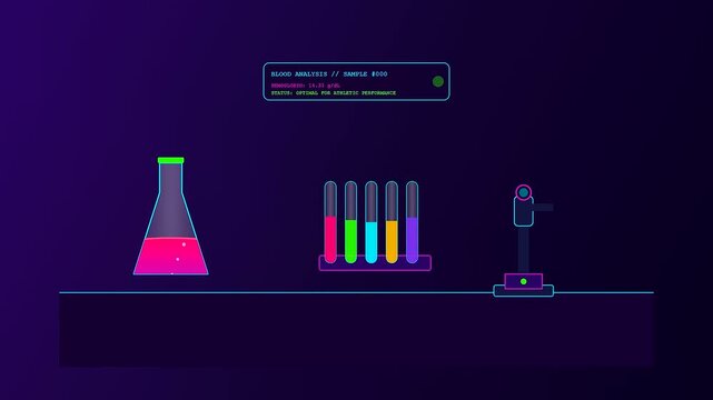 A futuristic digital interface depicting a Sports Medical Consultation through stylized neon laboratory equipment and biometric blood analysis data on a dark cyberpunk background