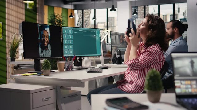 Office staff using large language on AI virtual assistant software, working with autonomous generative models for problem solving and tasks optimization. AI agent machine learning.