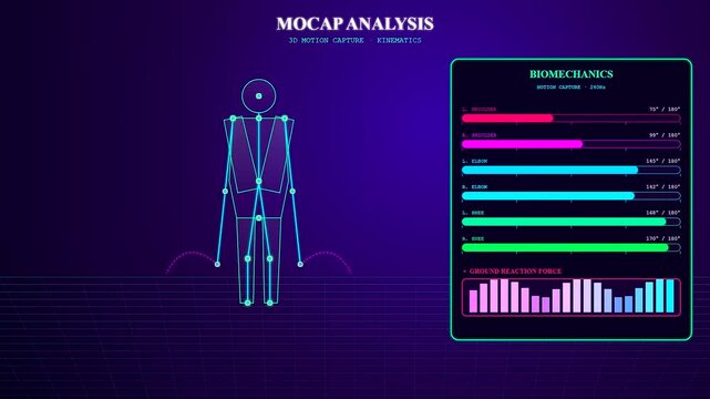 A sophisticated sports medical consultation utilizes advanced motion capture technology to analyze human kinematics and joint angles for optimizing athletic performance