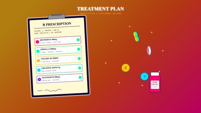 An animated motion graphic representing a Sports Medical Consultation featuring a personalized supplement regimen with floating vitamin capsules and a digital medical prescription clipboard