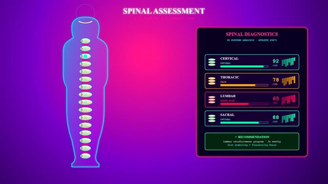 Futuristic holographic display for a sports medical consultation analyzing human spinal alignment through neon biometric data and diagnostic metrics for advanced athletic performance optimization