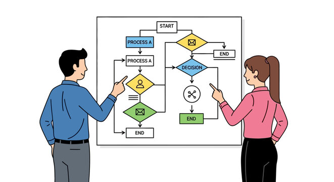 Business People Analyzing Flowchart for Workflow Optimization and Strategic Planning Illustration