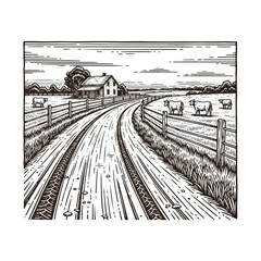 Fototapeta premium Cows grazing near rural railroad tracks.