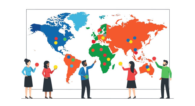 Diverse Business Team Planning Global Strategy and International Market Expansion on World Map Illustration