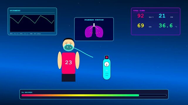 A sophisticated digital dashboard depicting a Sports Medical Consultation where a stylized patient undergoes pulmonary rehabilitation while biometric monitors track physiological recovery