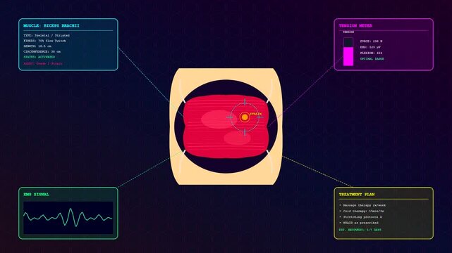 A futuristic interface for a Sports Medical Consultation displaying real time biometric data and muscle tension analysis for elite athletic rehabilitation and physical therapy