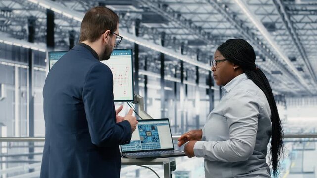Businesspeople team optimizes PCB smart factory workflow using EDA software on laptop. Employees using notebook simulation program tracking semiconductor production circuit layout defects, camera B