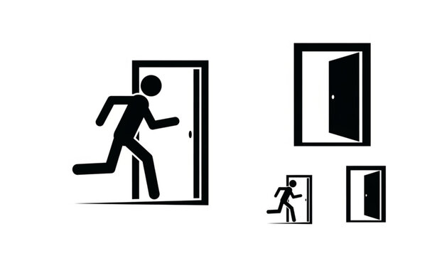 Running man and exit door vector icon set for safety, evacuation, and emergency signage illustrations
