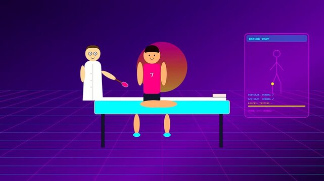 A stylized vector animation depicting a professional sports medical consultation where a physician examines an athlete using a reflex hammer in a futuristic purple environment