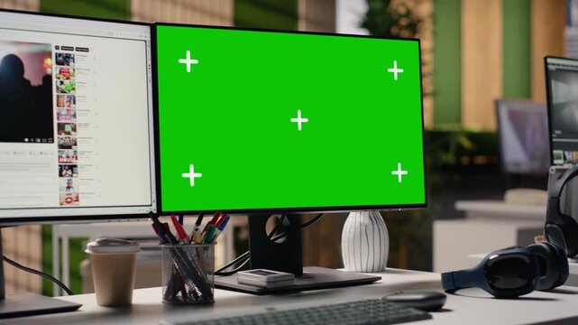Green screen and streaming platform with content on dual monitors, online entertaining video materials within social network for digital marketing. User engagement, internet of things.