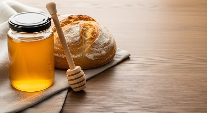 Honey and bread on a wooden table with a honey dipper a rustic breakfast setup with golden honey and fresh bread.