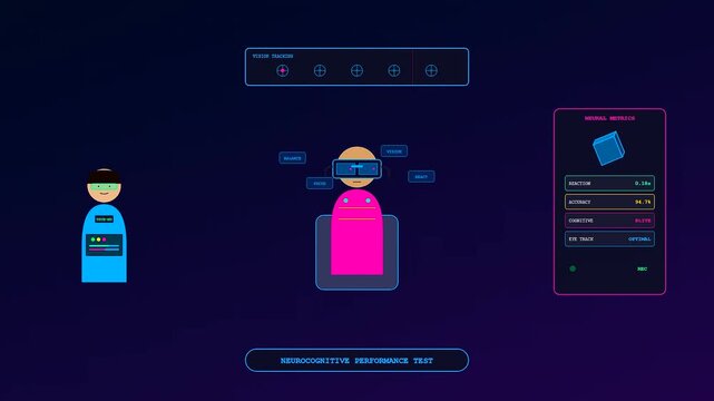 An immersive sports medical consultation employs sophisticated neurocognitive performance testing and neural metrics to monitor athletic brain function inside a neon digital interface