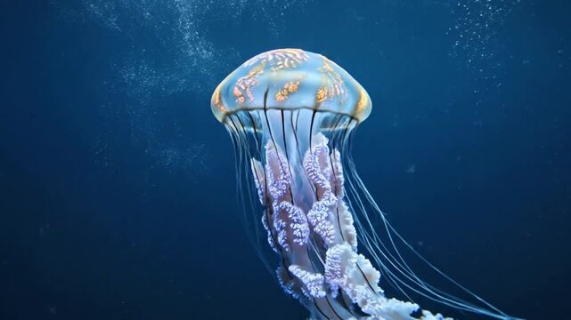 Bioluminescent jellyfish swimming in deep blue ocean, graceful underwater marine life, cinematic sea creature motion