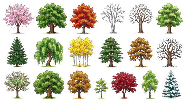 Diverse Collection Of Illustrated Trees In Various Seasons