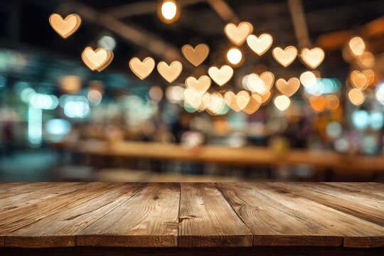 A warm, inviting interior scene features a rustic wooden surface in the foreground, adorned with a blurred backdrop of glowing heart-shaped lights, creating a romantic and cozy atmosphere.
