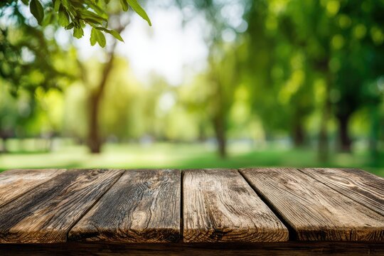 A rustic wooden surface sits in front of a blurred, sun-drenched park scene, creating a serene and inviting backdrop.
