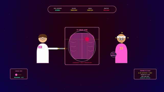 An intricate motion graphic showcasing a Sports Medical Consultation through a futuristic medical interface analyzing traumatic brain injuries for an injured professional athlete figure