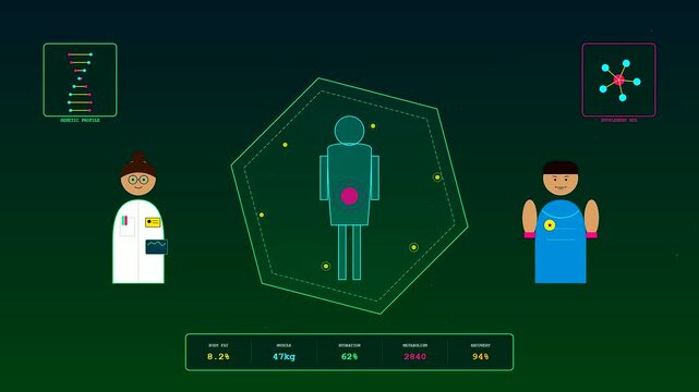 A futuristic motion graphic depicting a Sports Medical Consultation as a specialized physician scrutinizes physiological indicators and biometric data for a professional male athlete