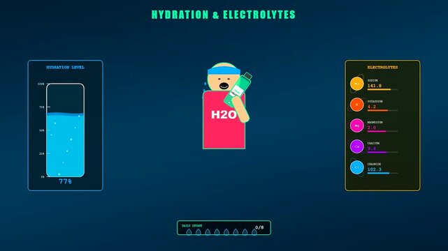 A futuristic digital interface for a Sports Medical Consultation showcasing a real time hydration level tracker and electrolyte balance for professional athlete wellness monitoring