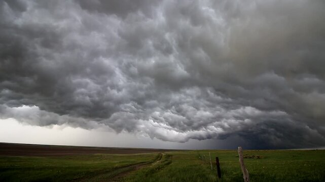 Time lapse footage of turbulent clouds flowing through the sky after a storm has passed in the prairie.