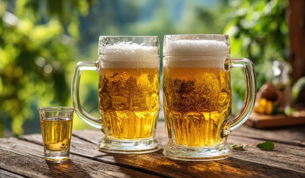 Two large mugs of frothy beer and a small shot glass filled with golden liquid sit on a rustic wooden table, bathed in natural light with a blurred green background.