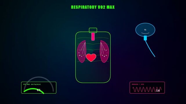 A sophisticated sports medical consultation interface displaying pulsating neon biometric data of lung capacity and heart rate through an advanced digital futuristic healthcare visualization