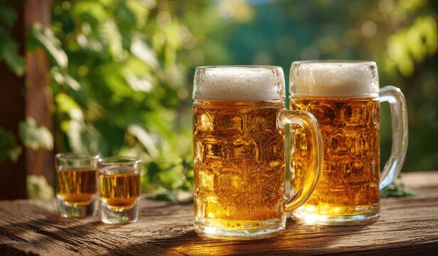 Two large mugs and three shot glasses filled with ice-cold beer sit on a weathered wooden table, bathed in warm sunlight with a lush green background.