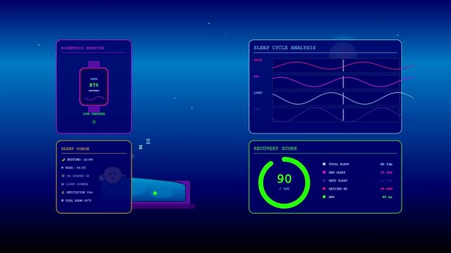 Advanced digital displays for a sports medical consultation presenting sophisticated holographic sleep cycle metrics and biometric data to maximize athletic recovery and peak performance