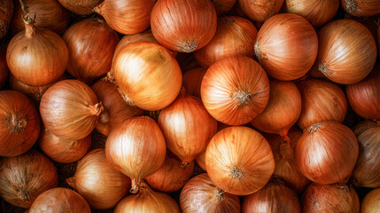 Obraz premium A vibrant collection of fresh brown onions with natural shiny skins and dried stems, perfectly arranged to showcase their rich texture and color consistency for culi