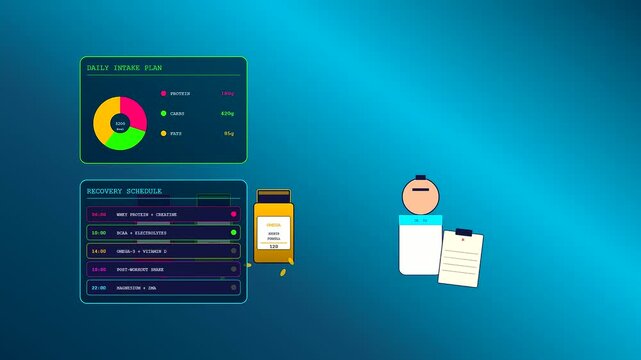 A detailed sports medical consultation interface displaying nutrition plans and recovery schedules with supplement jars and digital holographic charts for professional athlete performance tracking