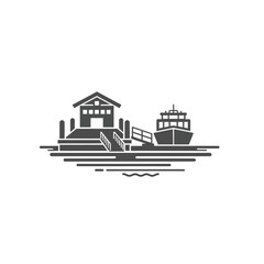 Naklejka premium Graphic illustration of a serene waterfront pier with a vessel, embodying safe maritime travel and coastal transportation. Ideal for journey, logistics, and port services concepts