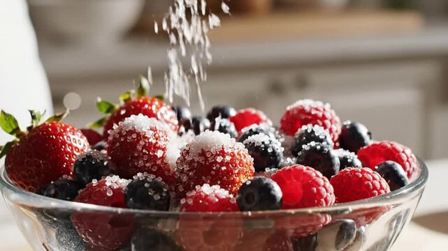 Hand sprinkling granulated sugar over fresh mixed berries in glass bowl, close-up culinary preparation