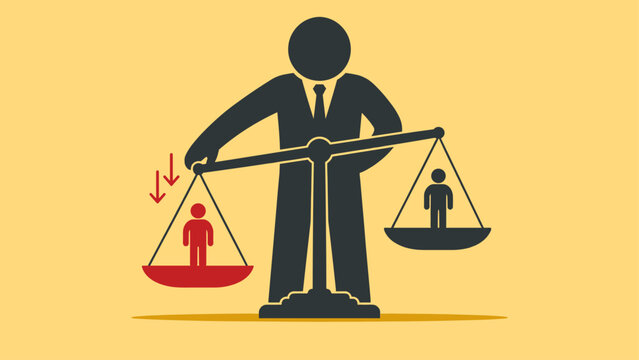 Authority figure tipping scale showing bias, concept of unfairness, power and inequality