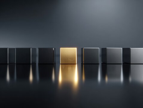 A glowing golden cube standing out in a row of sleek black metallic cubes on a reflective dark surface symbolizing uniqueness and distinction