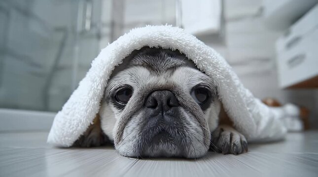 Adorable wet pug puppy wrapped in a fluffy white towel looking sad and cozy after a bath capturing a heartwarming moment of pet care and comfort