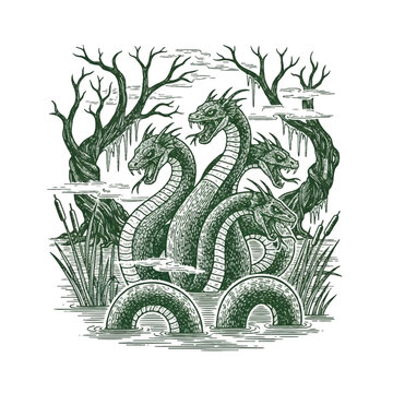 Three serpentine dragons in water.