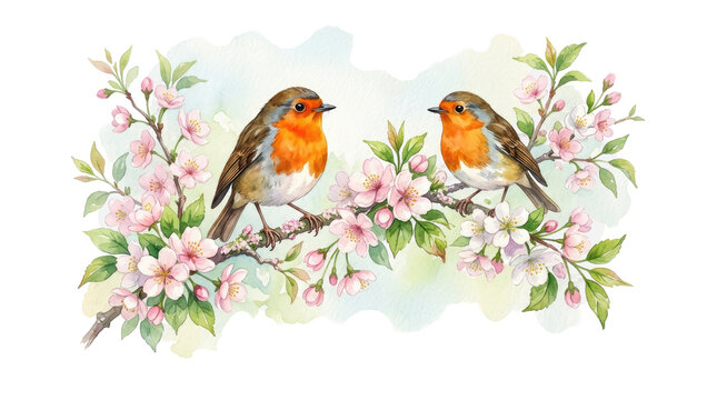 Two Robins Perched On Cherry Blossom Branch