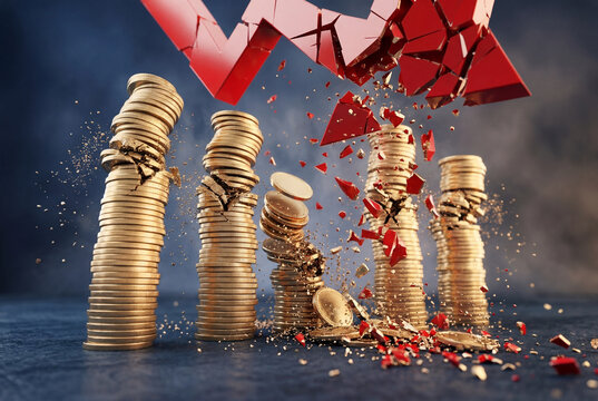 Red broken arrow and crumbling gold coins symbolize financial market crash and economic crisis