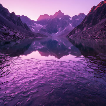 Vibrant Purple Mountain Peaks Reflected in a Serene Alpine Lake