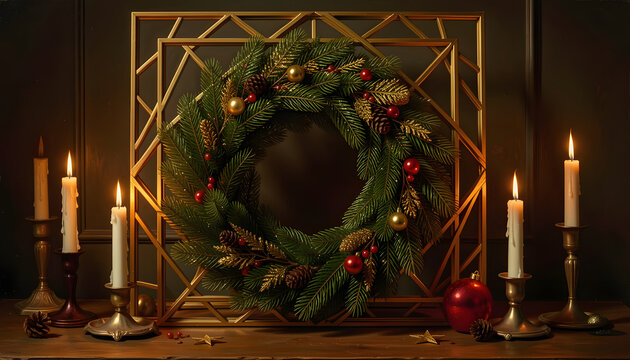 Elegant Christmas Wreath with Gold Frame and Candles