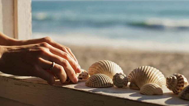 Woman&rsquo;s hands arranging seashells on a sunny beach window sill, summer vacation concept