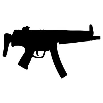 Black silhouette of a submachine gun isolated as a clean vector graphic design element for use in digital projects and military style artwork