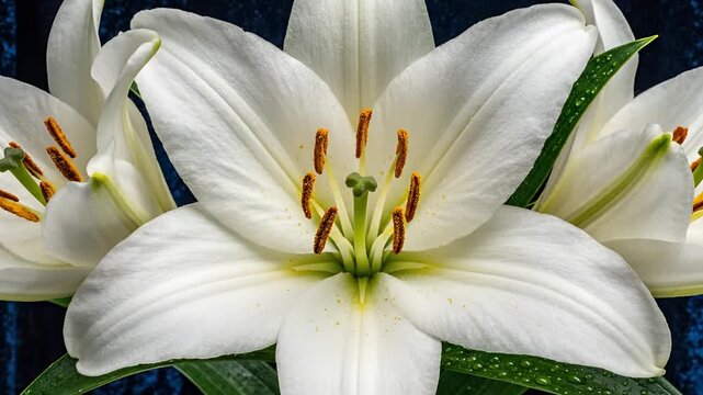 Close up of white lilies with water droplets on petals.
