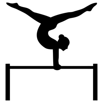 Female gymnast performing a difficult handstand movement on parallel bars in this clean black vector graphic illustration designed for professional athletic sports branding projects