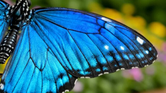 Macro close-up of vibrant blue morpho butterfly wings, detailed insect texture and iridescent pattern, nature wildlife background