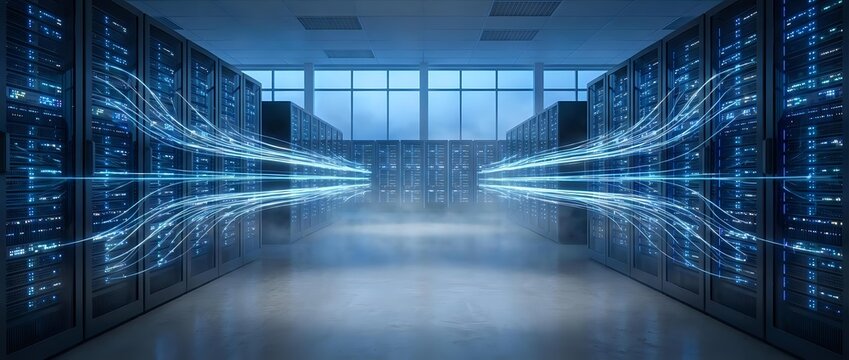 Modern data center server room with glowing blue light trails representing high-speed data transfer and network connectivity in futuristic technology facility.