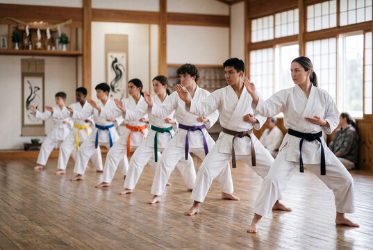 Martial arts students practicing karate punches in a wooden dojo